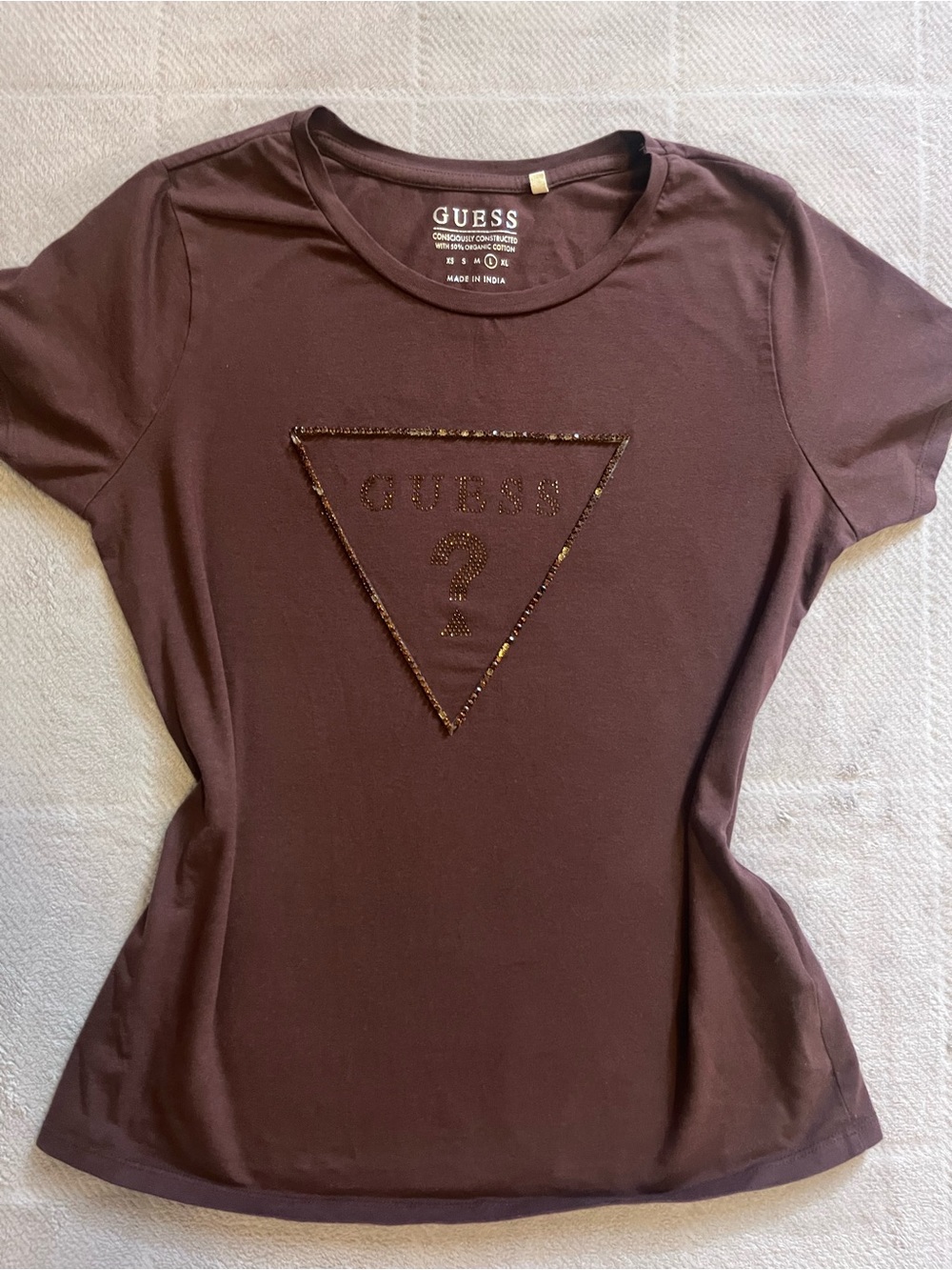 GUESS Brown Sequin Triangle Logo Short Sleeve Tee